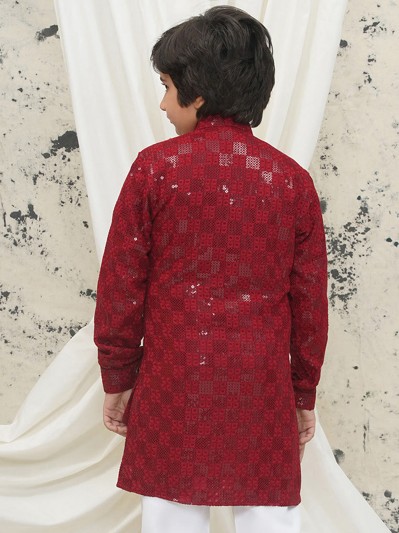 Maroon Full sleeves Sequenced Chikankari Kurta For Boys - AJ Dezines