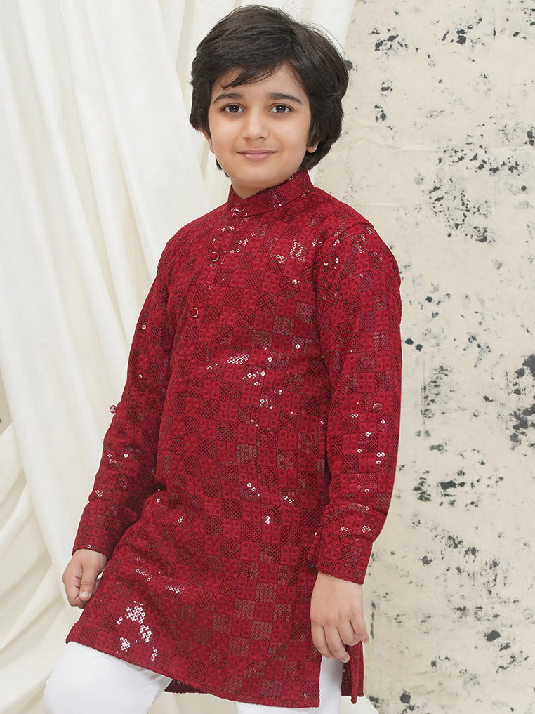 Maroon Full sleeves Sequenced Chikankari Kurta For Boys - AJ Dezines