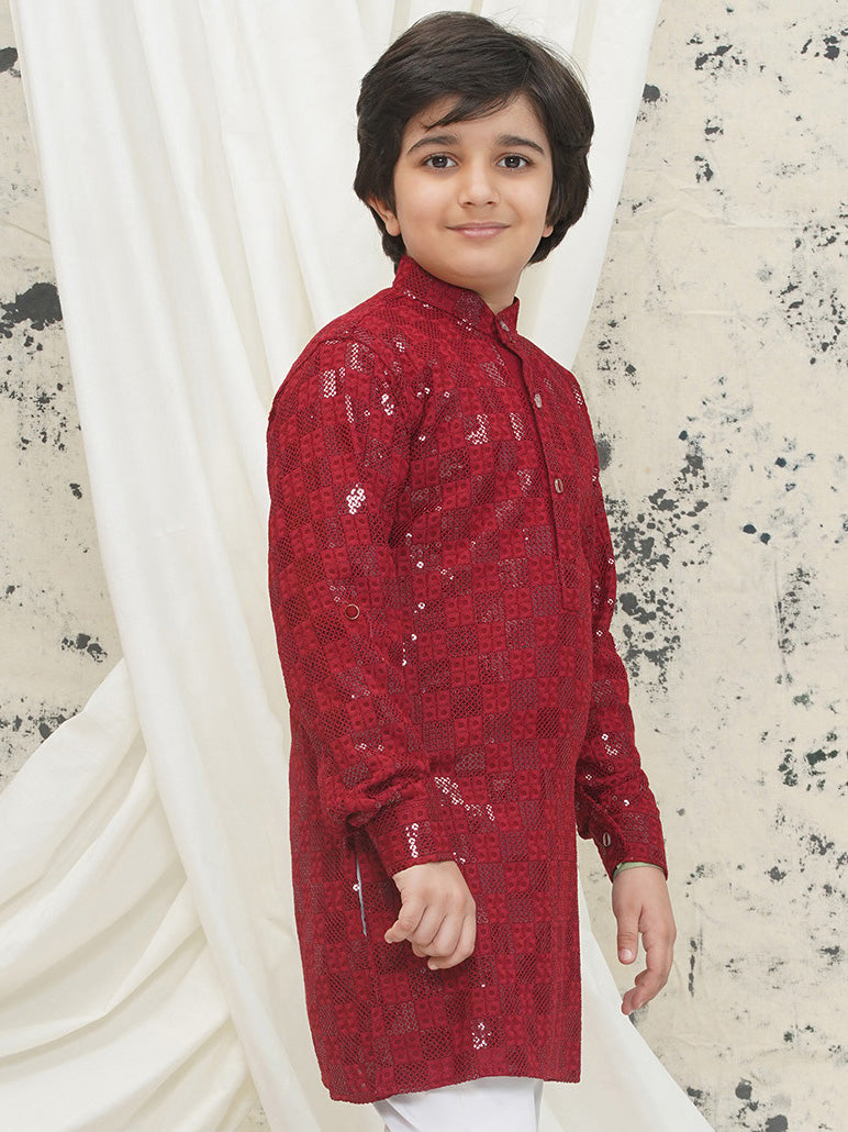 Maroon Full sleeves Sequenced Chikankari Kurta For Boys - AJ Dezines