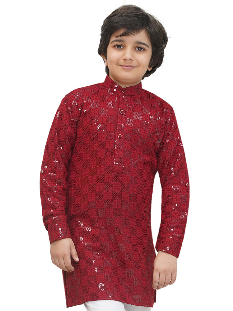 Maroon Full sleeves Sequenced Chikankari Kurta For Boys - AJ Dezines