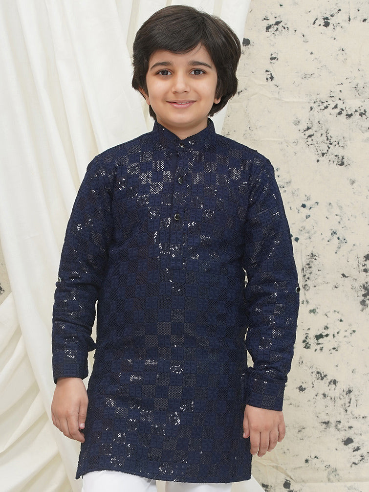 Dark Blue Full sleeves Sequenced Chikankari Kurta For Boys - AJ Dezines