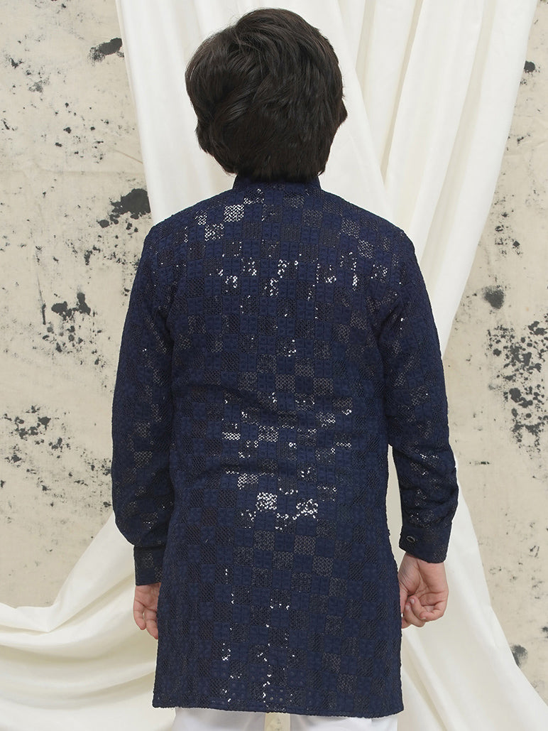Dark Blue Full sleeves Sequenced Chikankari Kurta For Boys - AJ Dezines