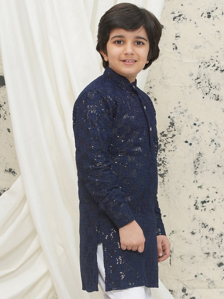 Dark Blue Full sleeves Sequenced Chikankari Kurta For Boys - AJ Dezines