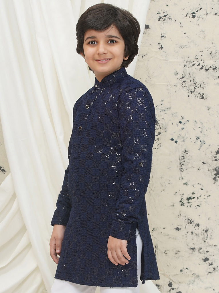 Dark Blue Full sleeves Sequenced Chikankari Kurta For Boys - AJ Dezines