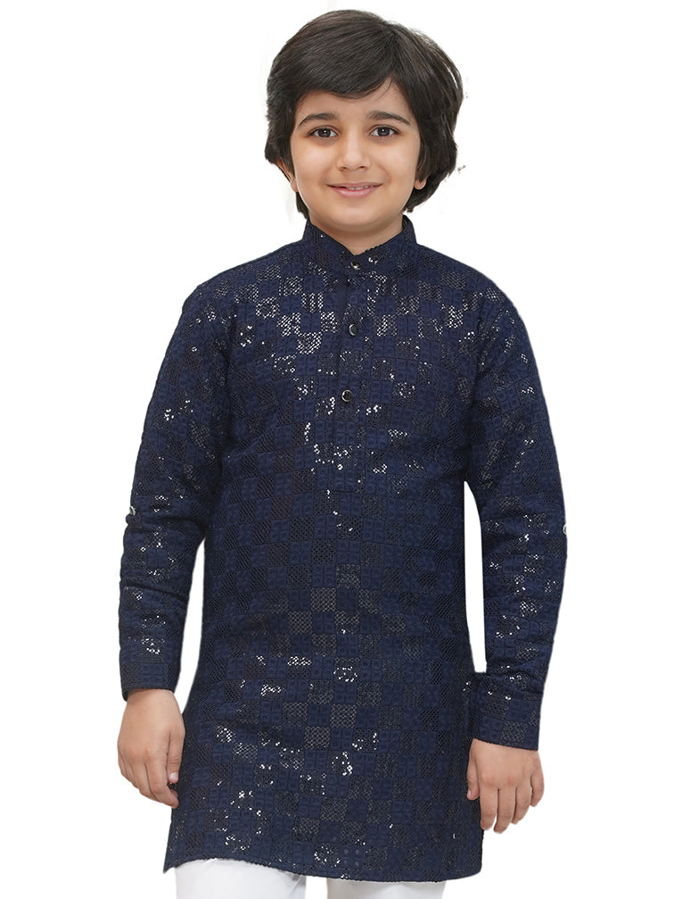 Dark Blue Full sleeves Sequenced Chikankari Kurta For Boys - AJ Dezines