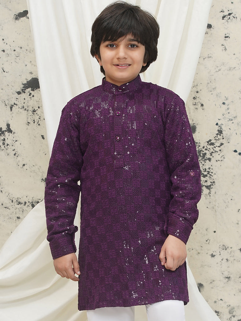 Purple Full sleeves Sequenced Chikankari Kurta For Boys - AJ Dezines