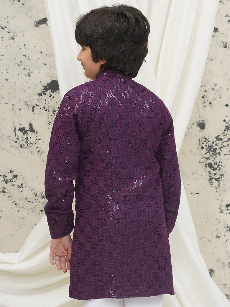 Purple Full sleeves Sequenced Chikankari Kurta For Boys - AJ Dezines