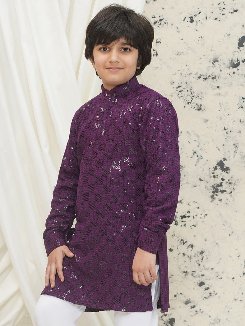 Purple Full sleeves Sequenced Chikankari Kurta For Boys - AJ Dezines