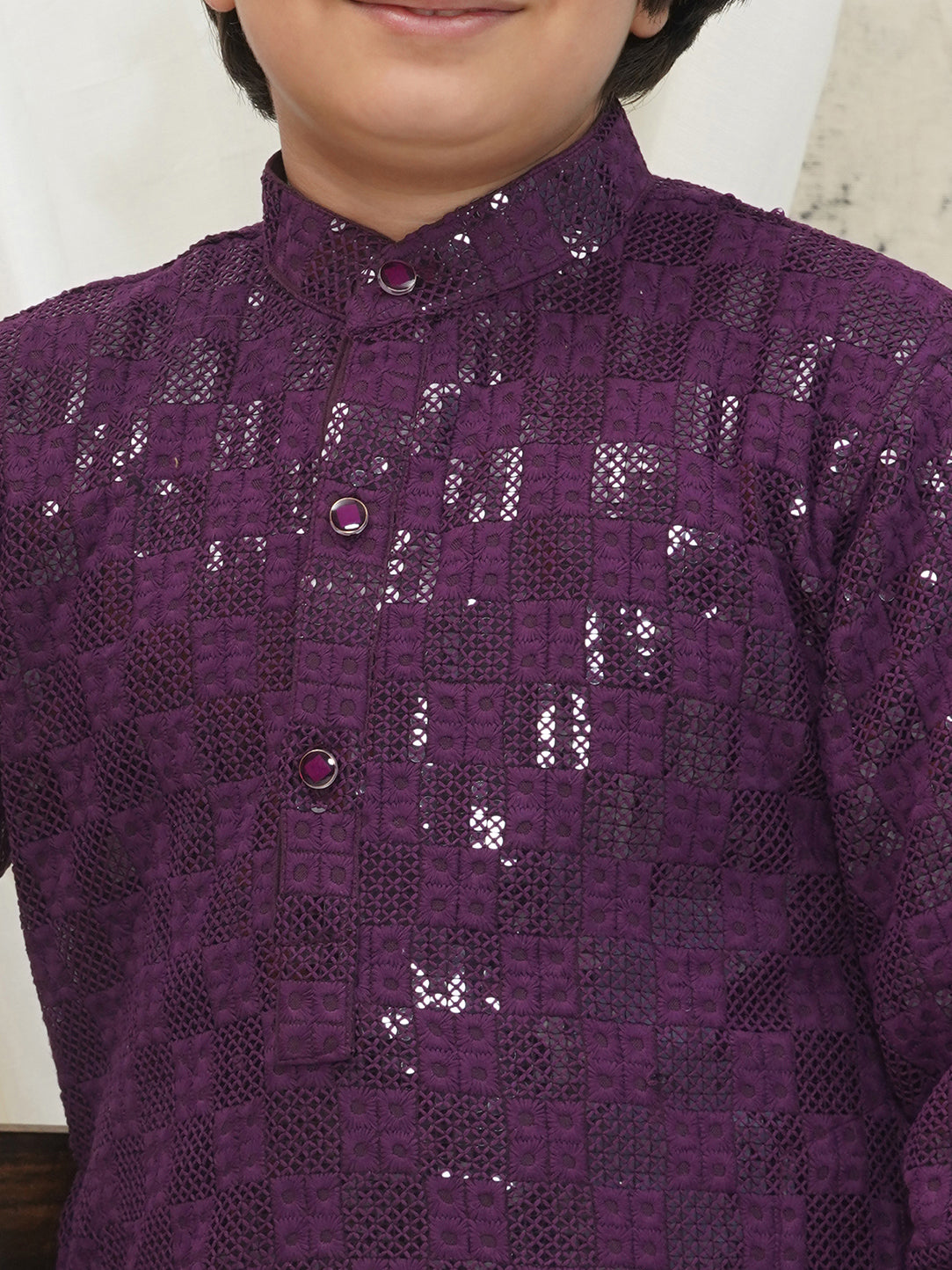 Purple Full sleeves Sequenced Chikankari Kurta For Boys - AJ Dezines