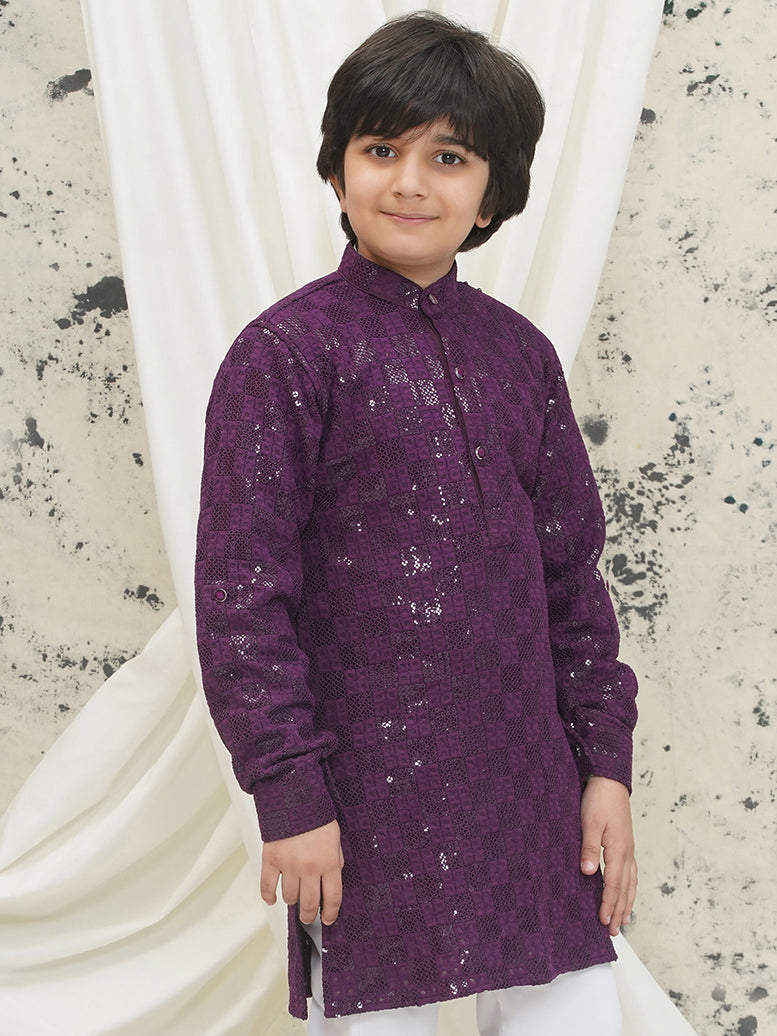 Purple Full sleeves Sequenced Chikankari Kurta For Boys - AJ Dezines