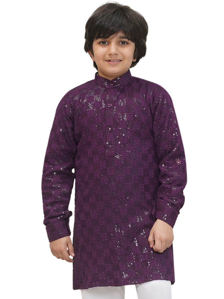 Purple Full sleeves Sequenced Chikankari Kurta For Boys - AJ Dezines