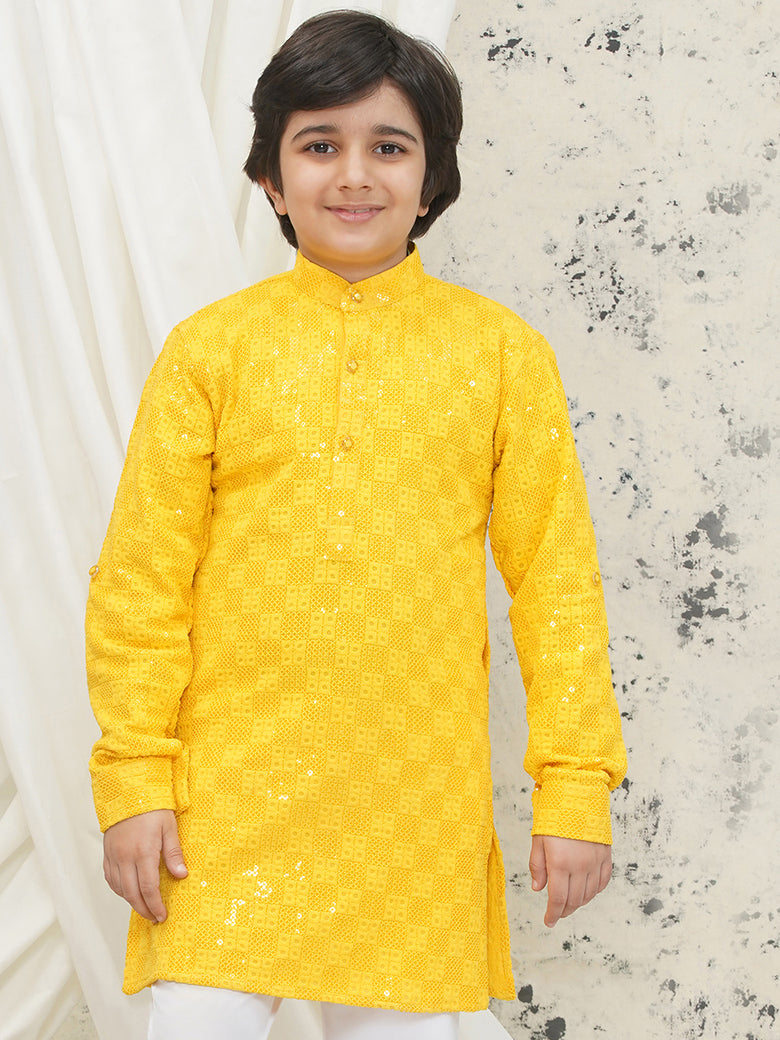 Yellow Full sleeves Sequenced Chikankari Kurta For Boys - AJ Dezines