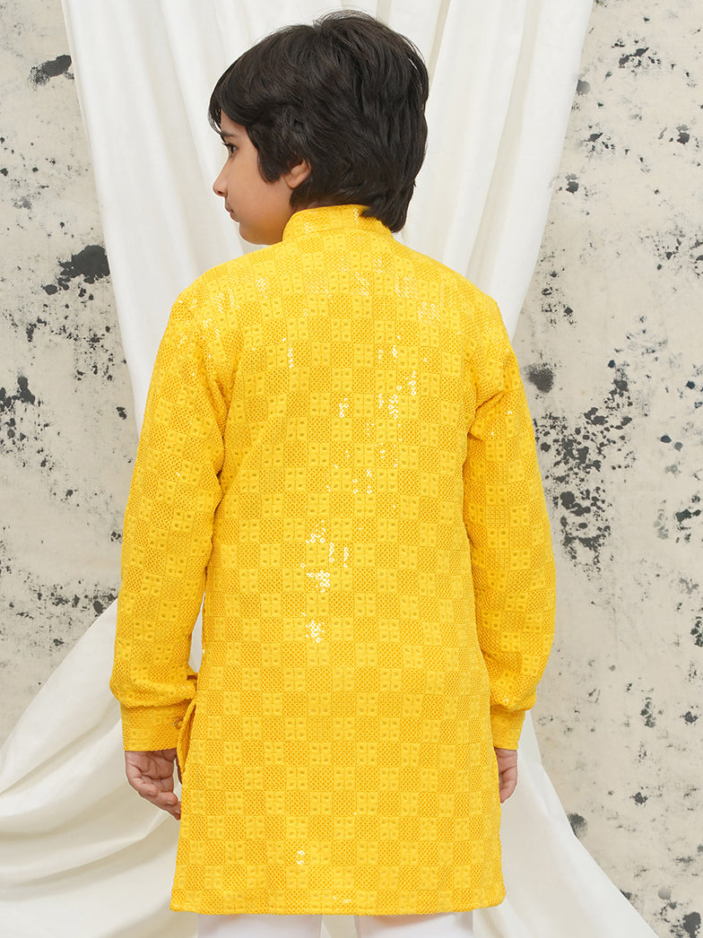 Yellow Full sleeves Sequenced Chikankari Kurta For Boys - AJ Dezines