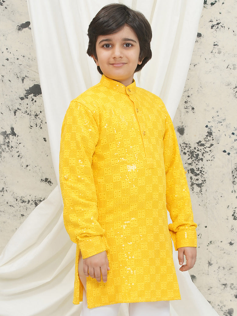Yellow Full sleeves Sequenced Chikankari Kurta For Boys - AJ Dezines