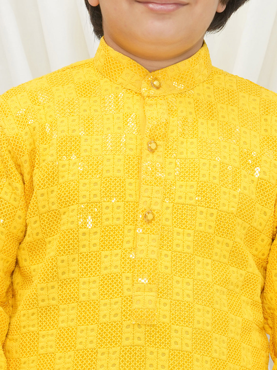 Yellow Full sleeves Sequenced Chikankari Kurta For Boys - AJ Dezines