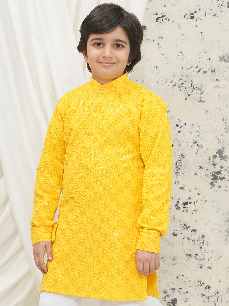 Yellow Full sleeves Sequenced Chikankari Kurta For Boys - AJ Dezines