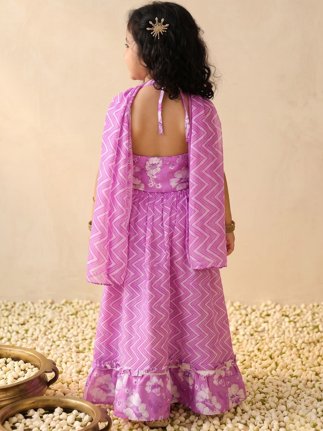 Purple Cotton Sleeveless Floral Printed Lehenga Choli for Girls