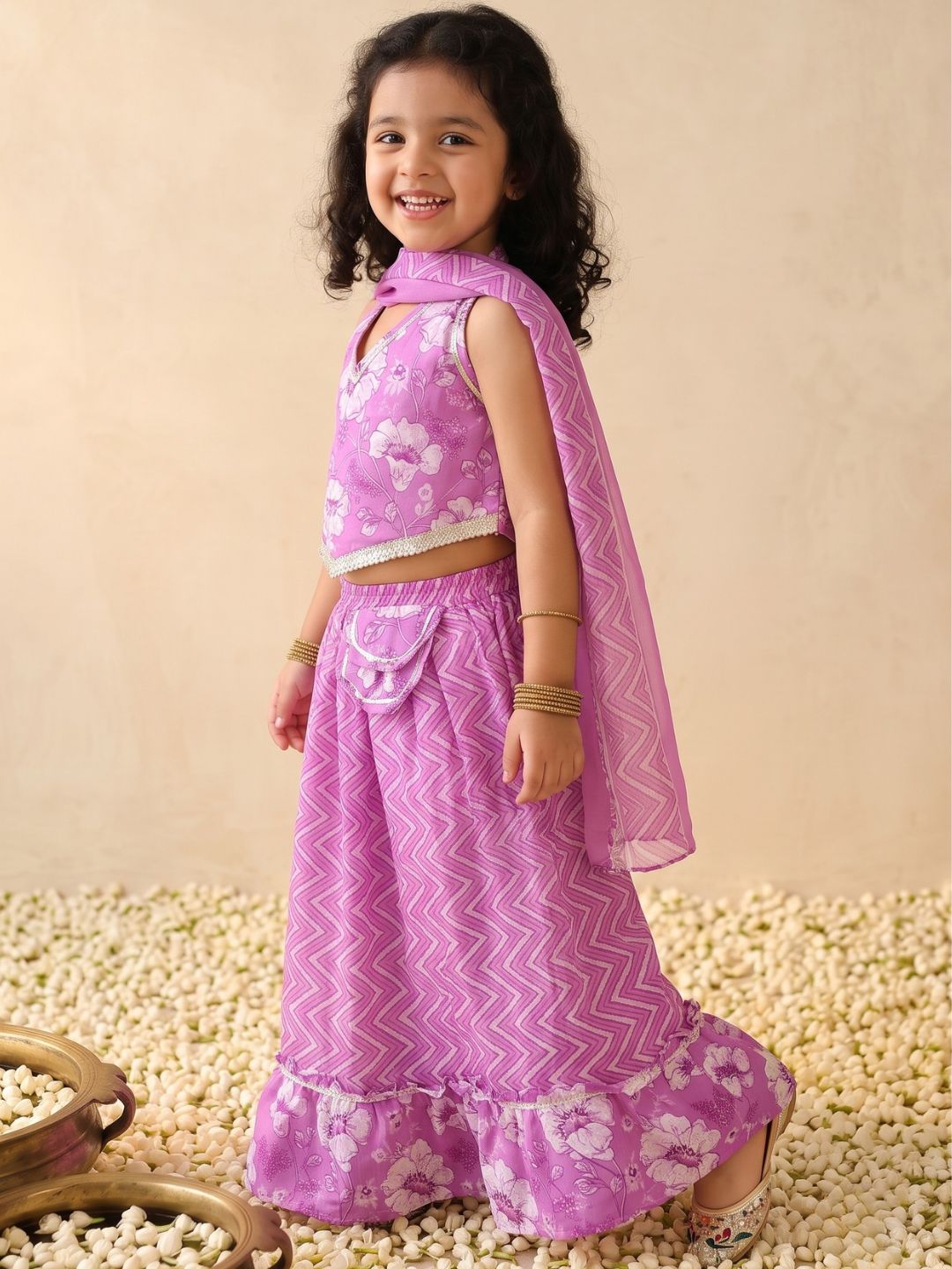 Purple Cotton Sleeveless Floral Printed Lehenga Choli for Girls