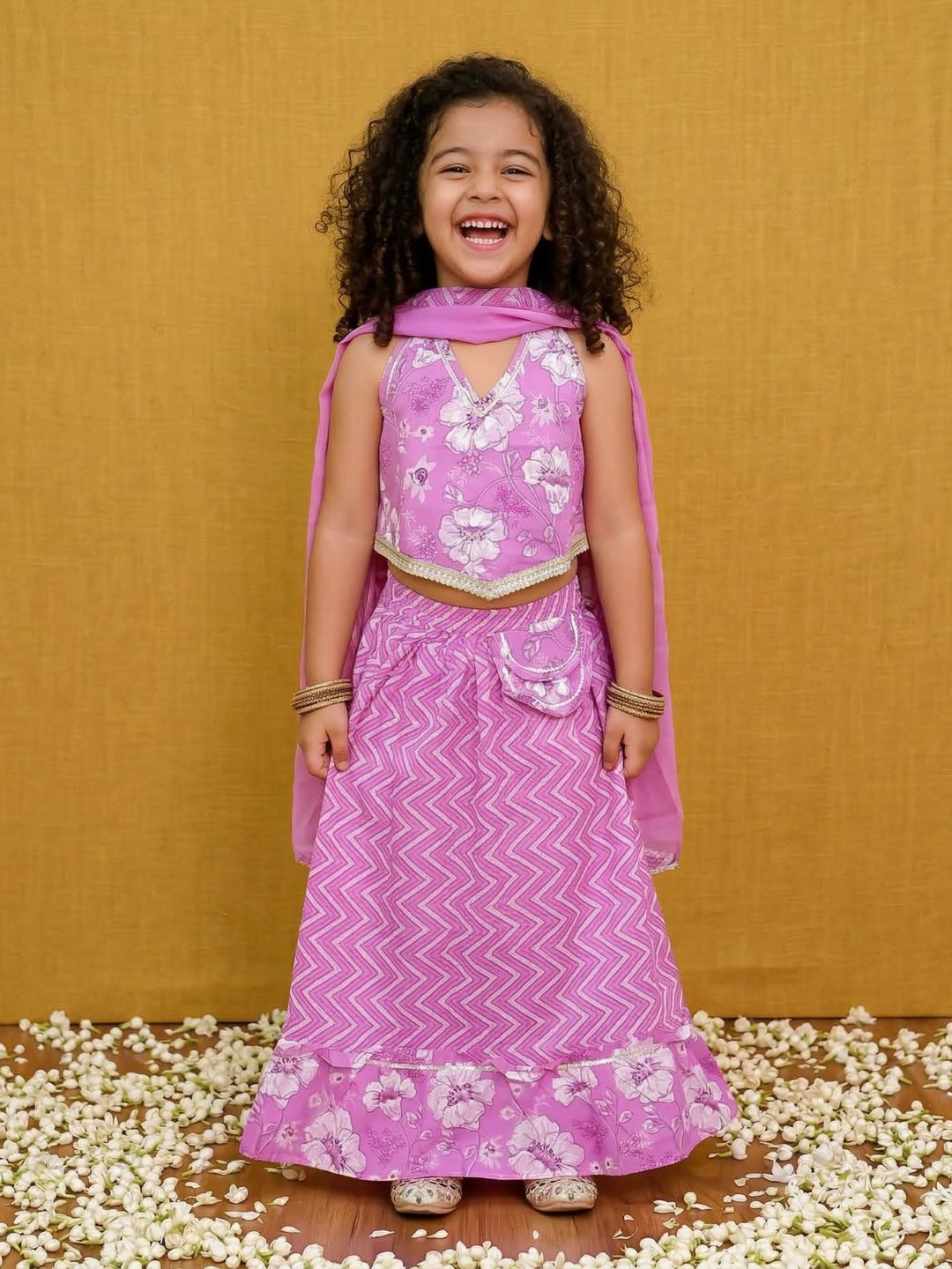 Purple Cotton Sleeveless Floral Printed Lehenga Choli for Girls - AJ Dezines