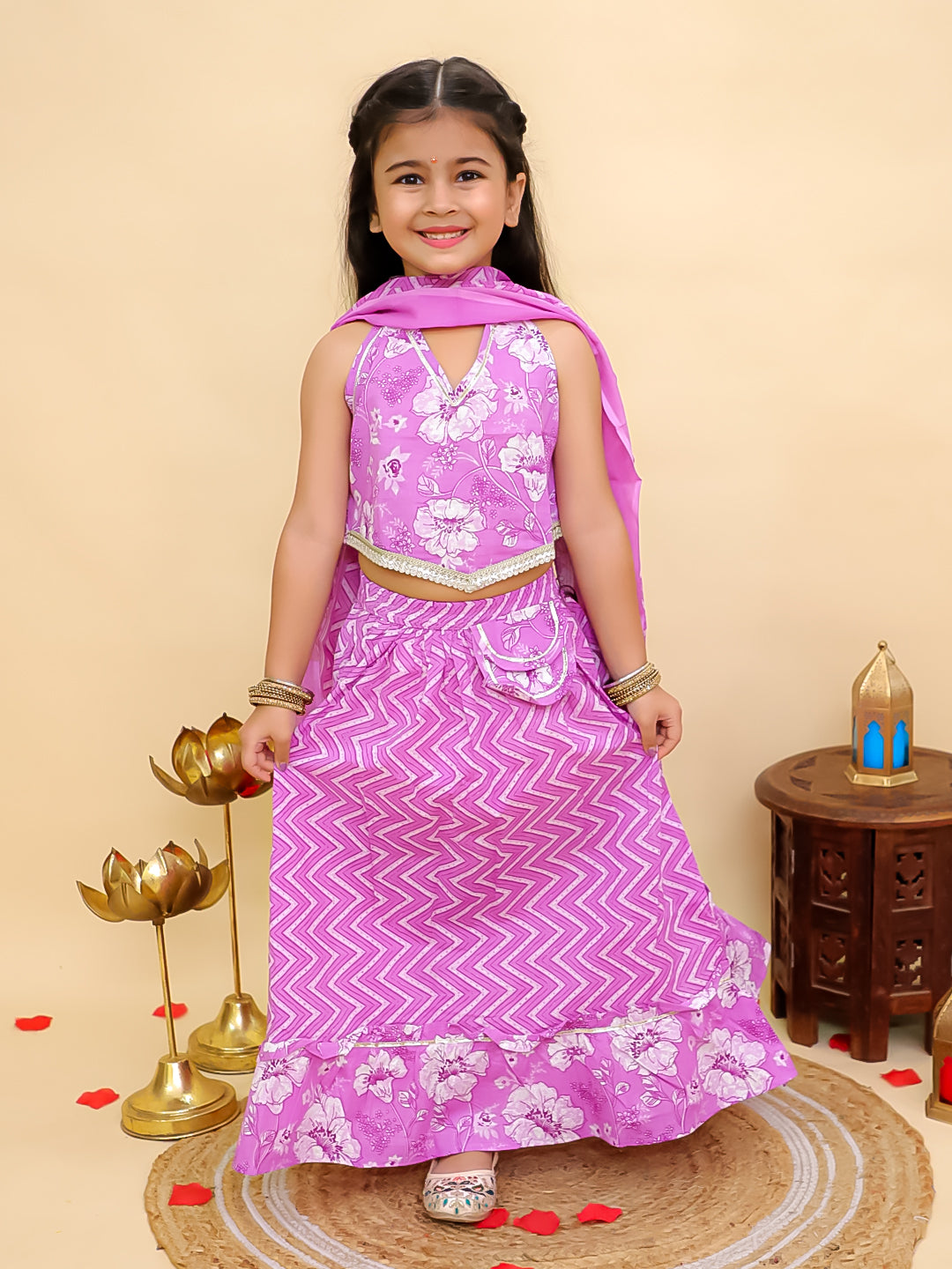 Purple Cotton Sleeveless Floral Printed Lehenga Choli for Girls - AJ Dezines