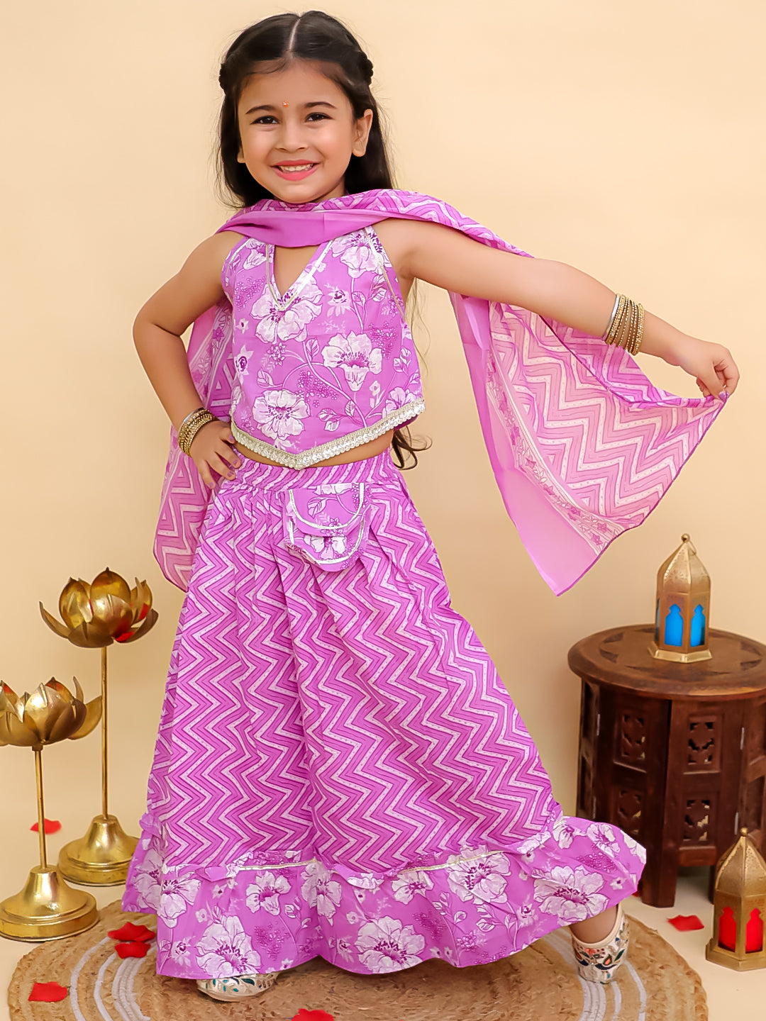Purple Cotton Sleeveless Floral Printed Lehenga Choli for Girls - AJ Dezines