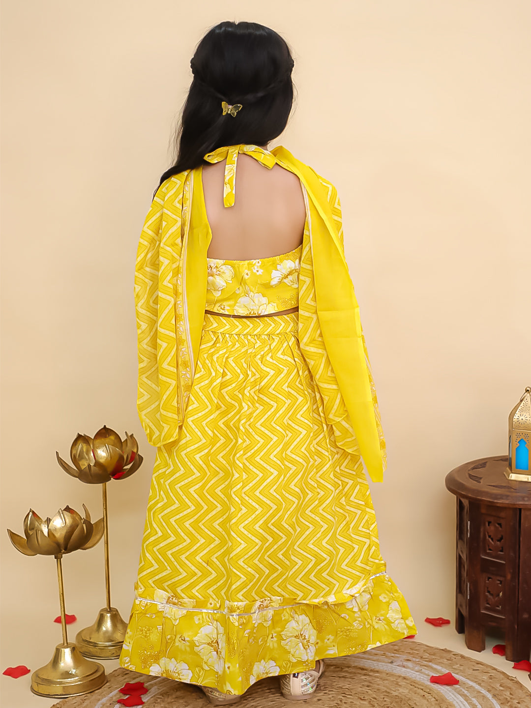 Yellow Cotton Sleeveless Floral Printed Lehenga Choli for Girls - AJ Dezines