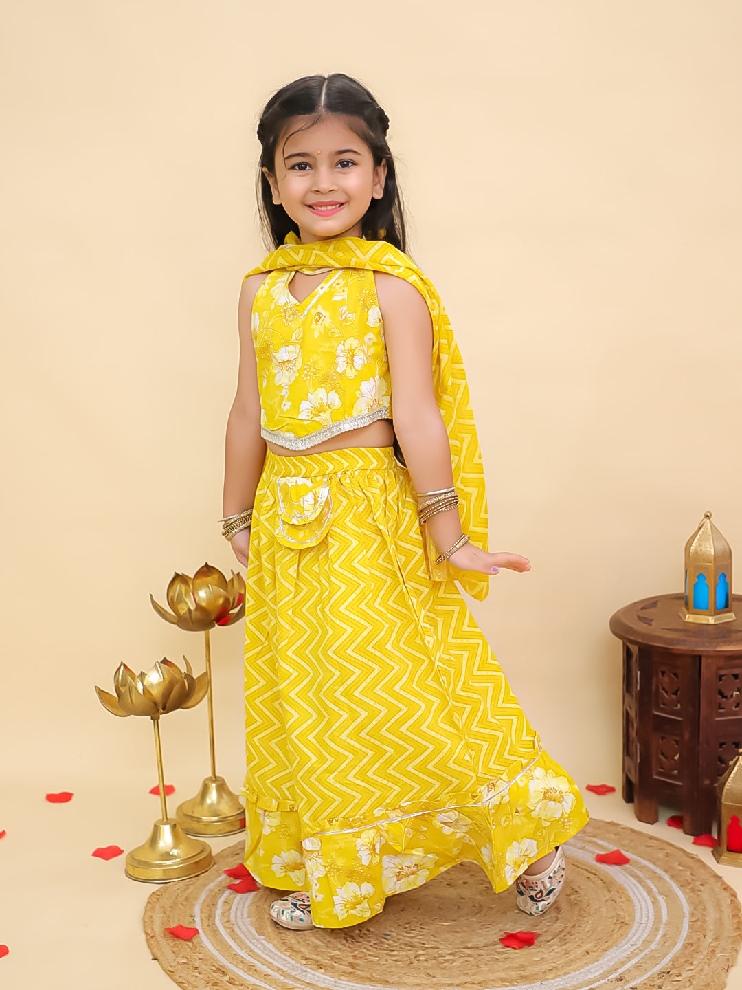 Yellow Cotton Sleeveless Floral Printed Lehenga Choli for Girls - AJ Dezines