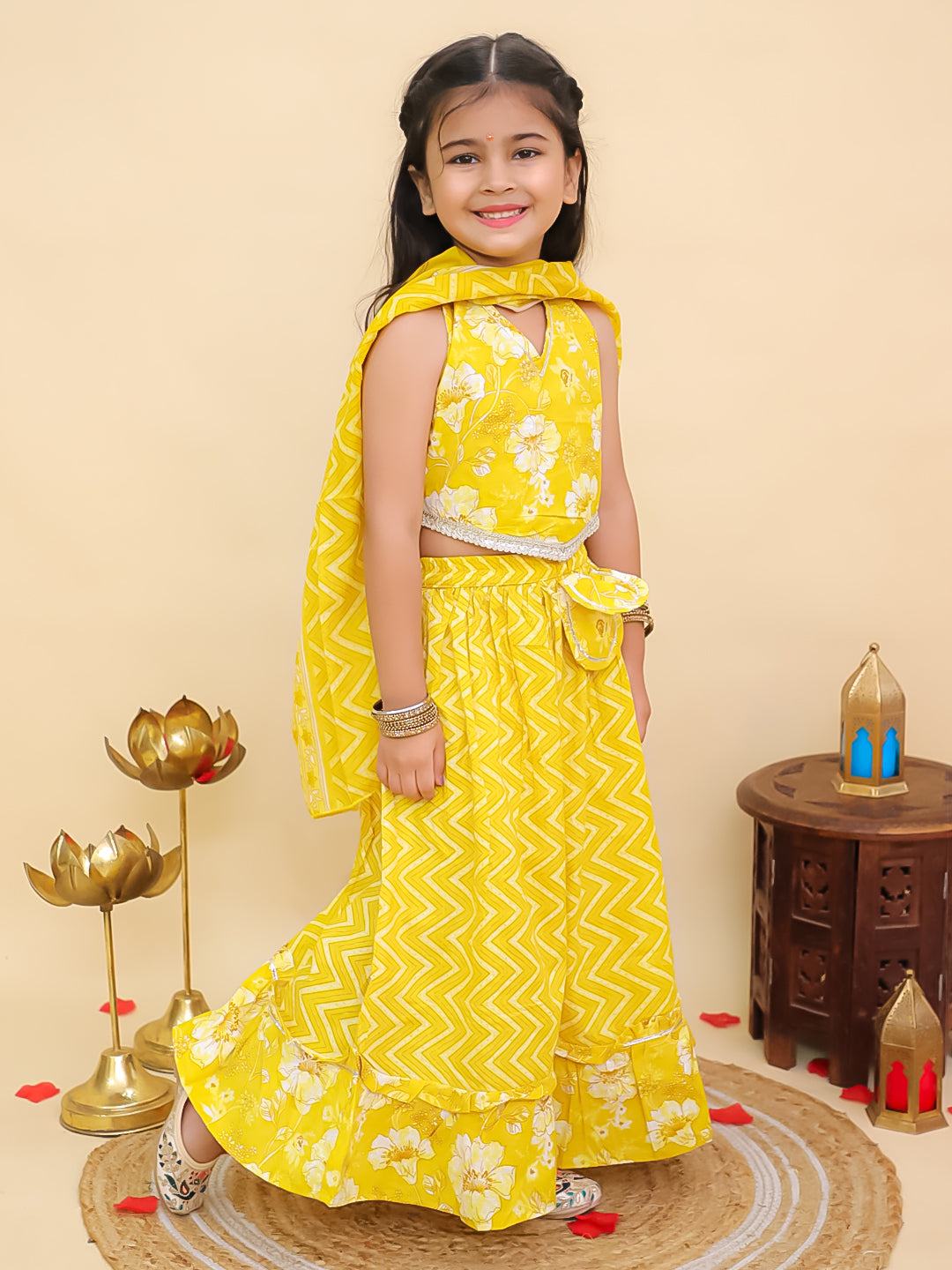 Yellow Cotton Sleeveless Floral Printed Lehenga Choli for Girls - AJ Dezines
