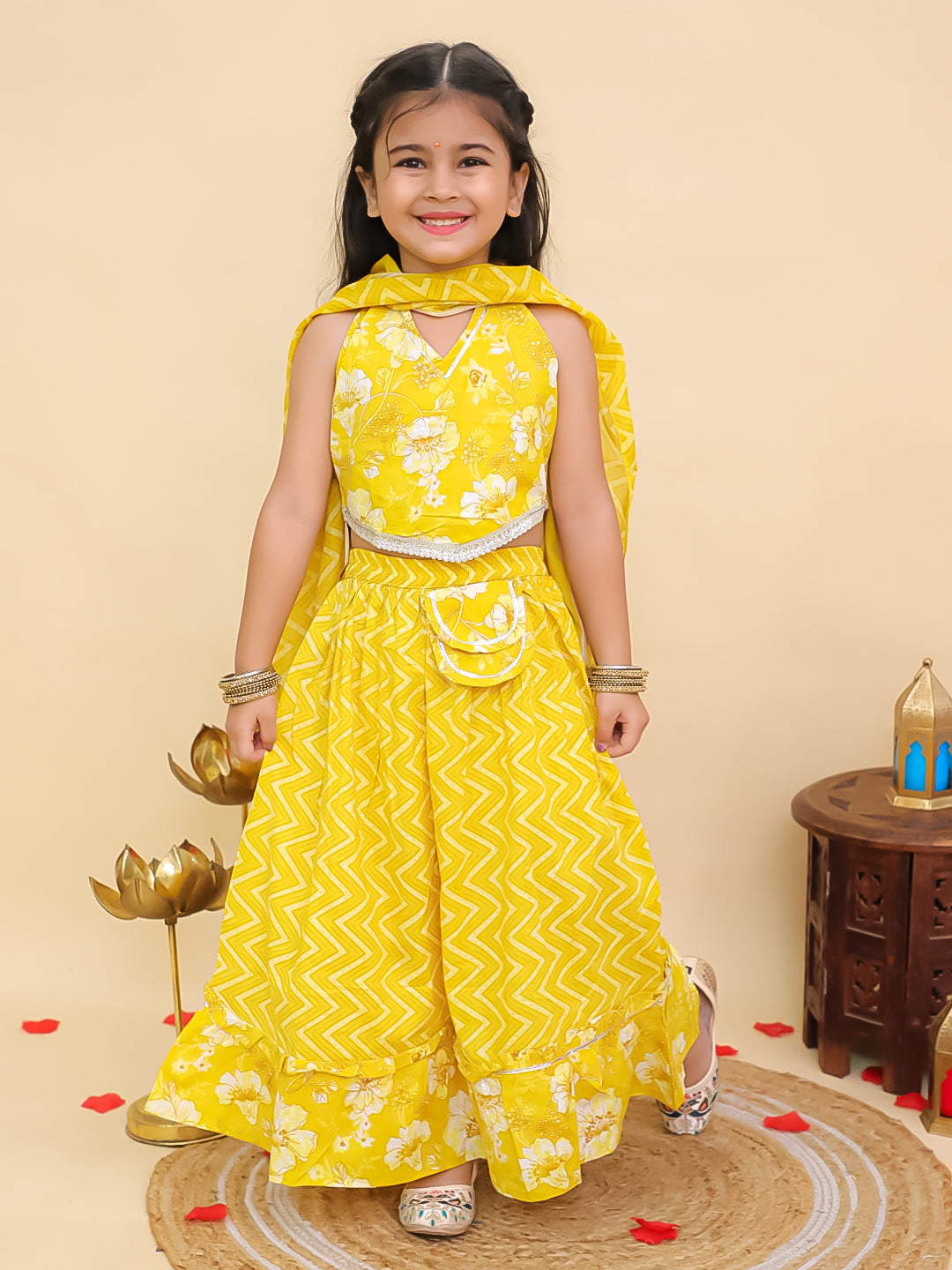 Yellow Cotton Sleeveless Floral Printed Lehenga Choli for Girls - AJ Dezines