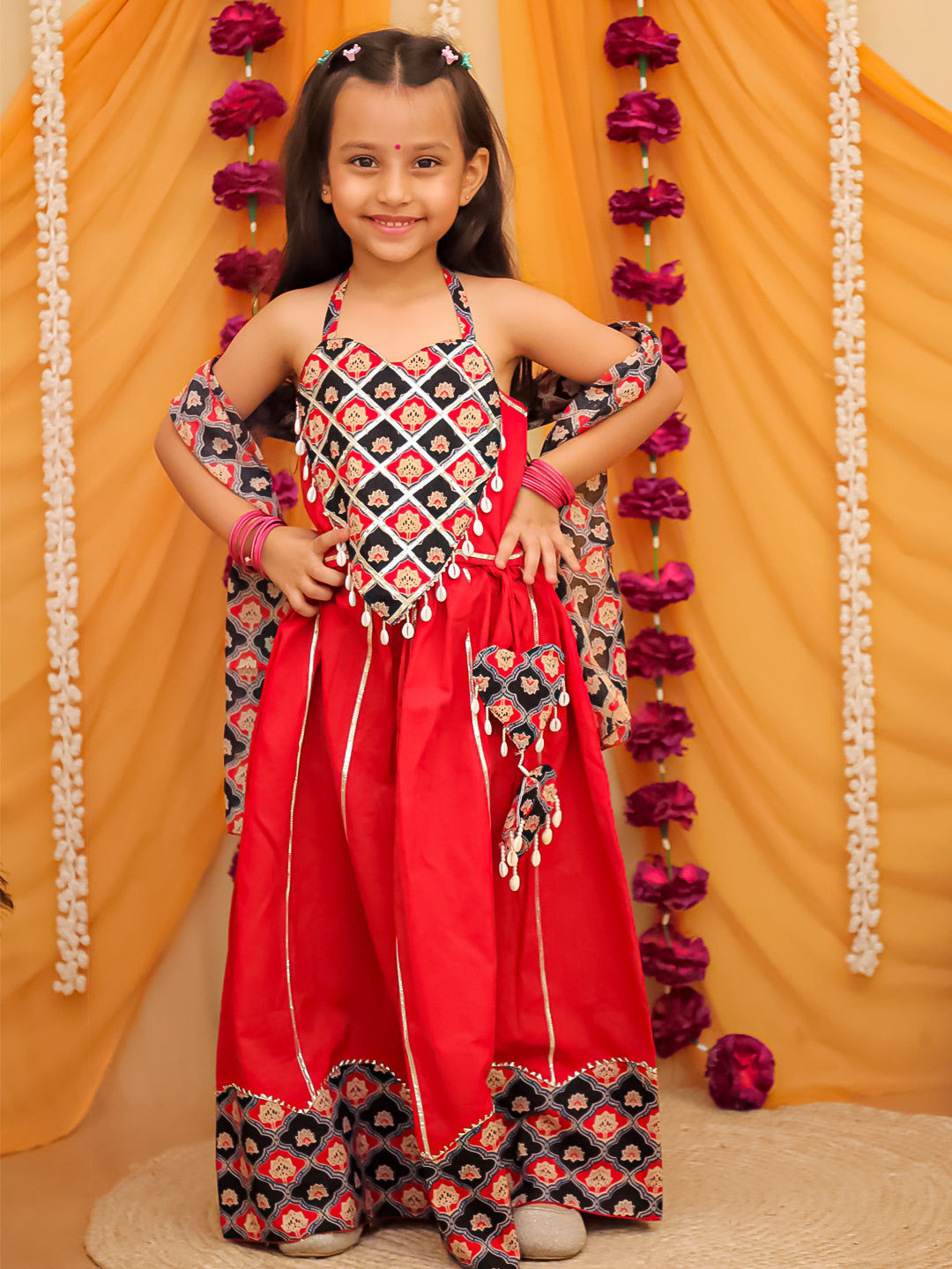 Red Cotton Sleeveless Floral Printed  And Gotta Work Lehenga Choli