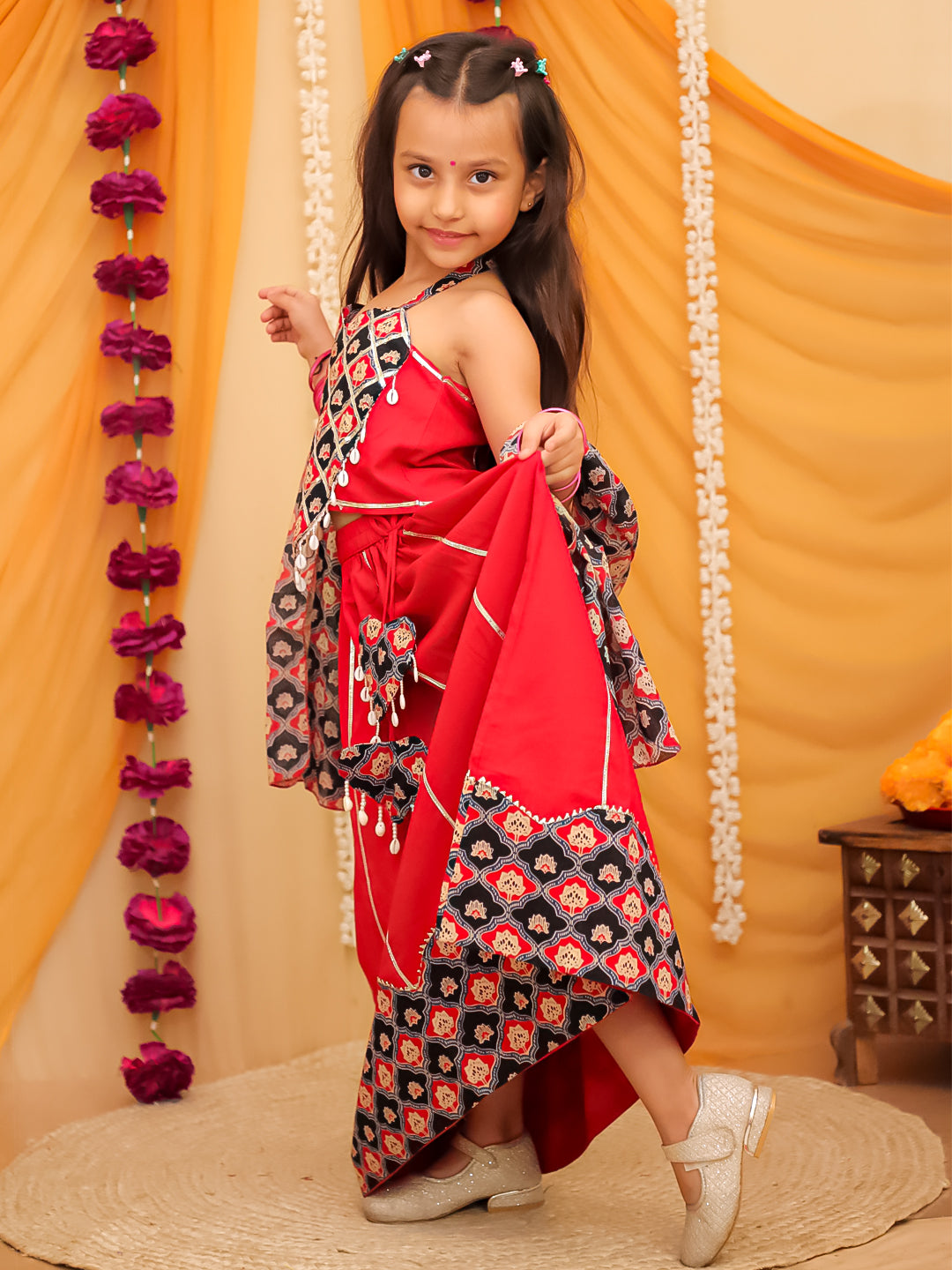 Red Cotton Sleeveless Floral Printed  And Gotta Work Lehenga Choli