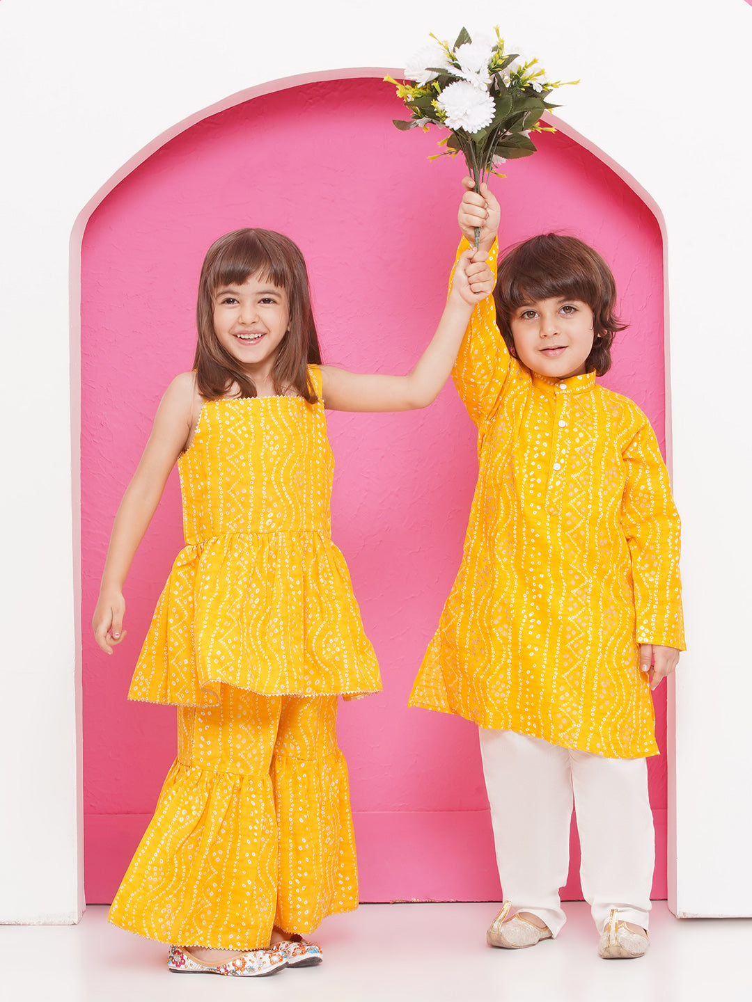 Boys Pure Cotton Kurta Pyjama and Girls Lehenga Sibling Sets-Yellow - AJ Dezines
