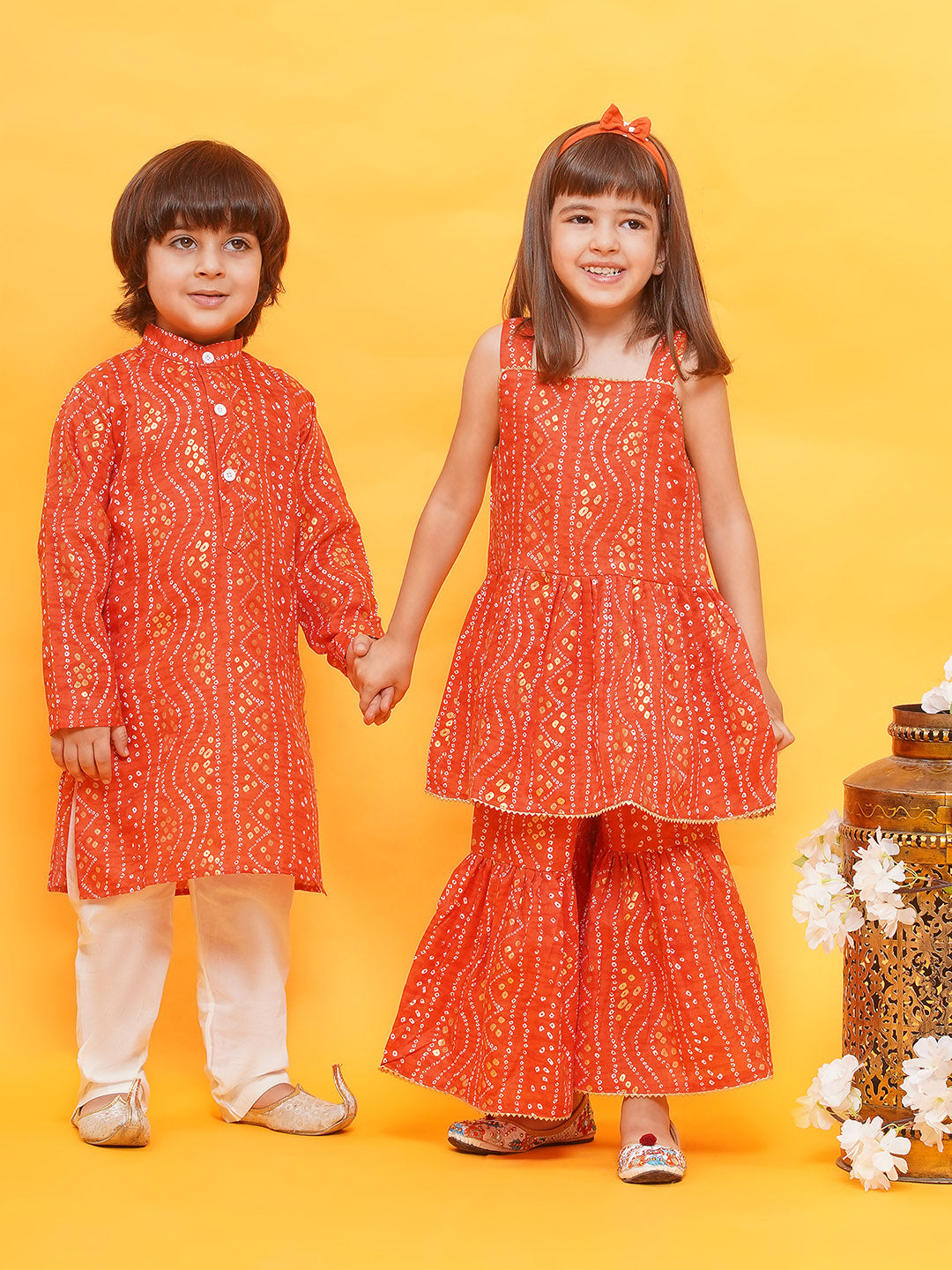 Boys Pure Cotton Kurta Pyjama and Girls Lehenga Sibling Sets-Red - AJ Dezines
