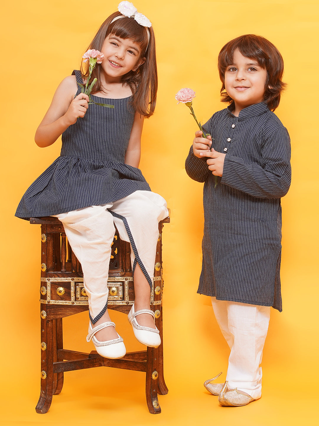 Boys Striped Pure Cotton Kurta Pyjamas & Girls Kurta Dhoti Pants-Sibling Sets -BLUE - AJ Dezines