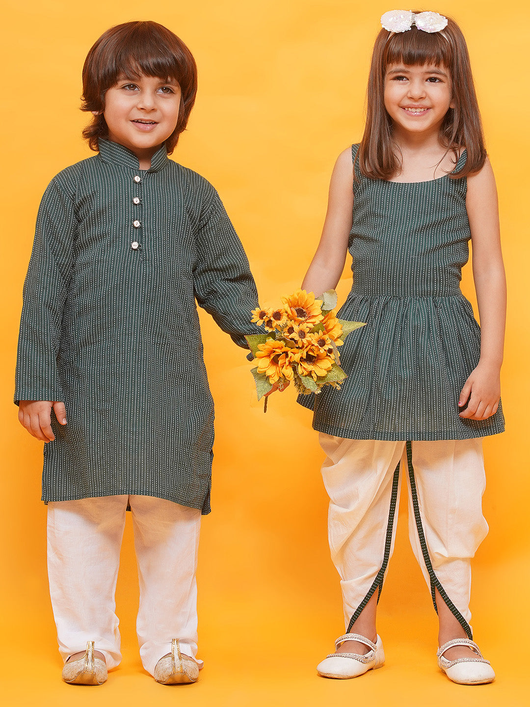 Boys Pure Cotton Kurta Pyjamas and Girls Kurta With Dhoti Pants-Sibling Sets -Green - AJ Dezines