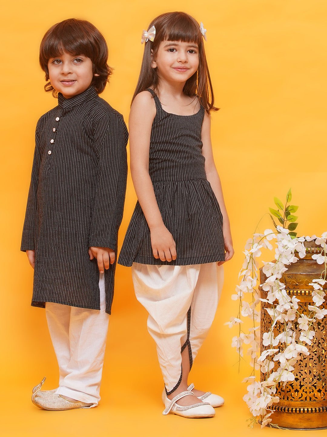Boys Pure Cotton Kurta Pyjamas and Girls Kurta With Dhoti Pants-Sibling Sets -Black - AJ Dezines