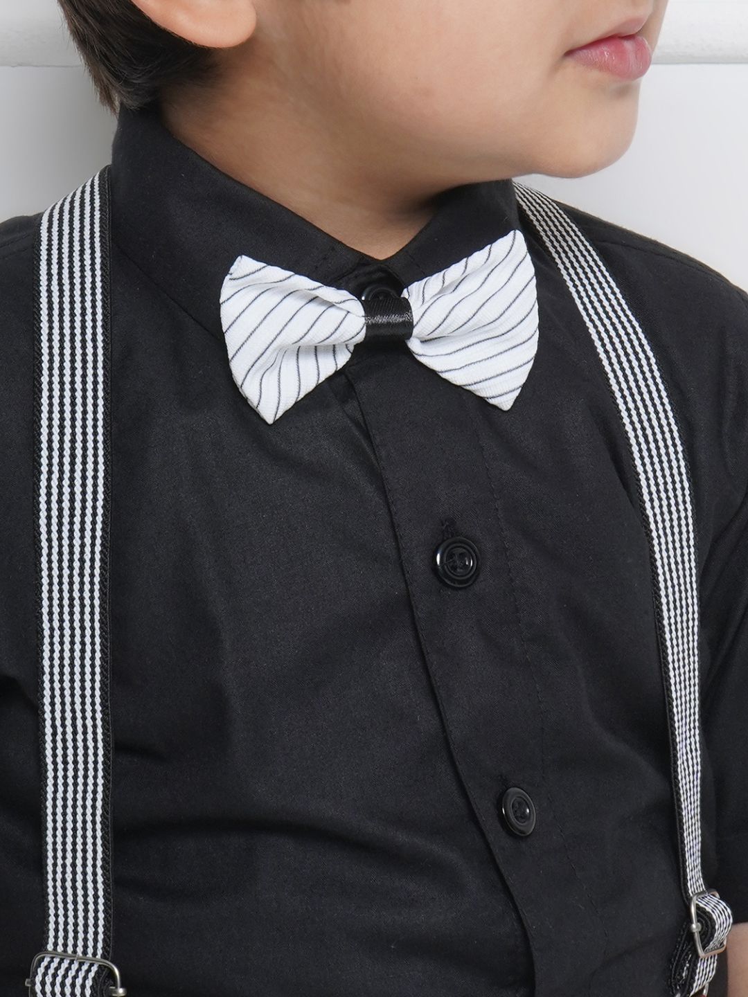 Boys Black Cotton Shirt & Shorts Set  with Suspenders, Bow Tie & Cap for Kids - AJ Dezines