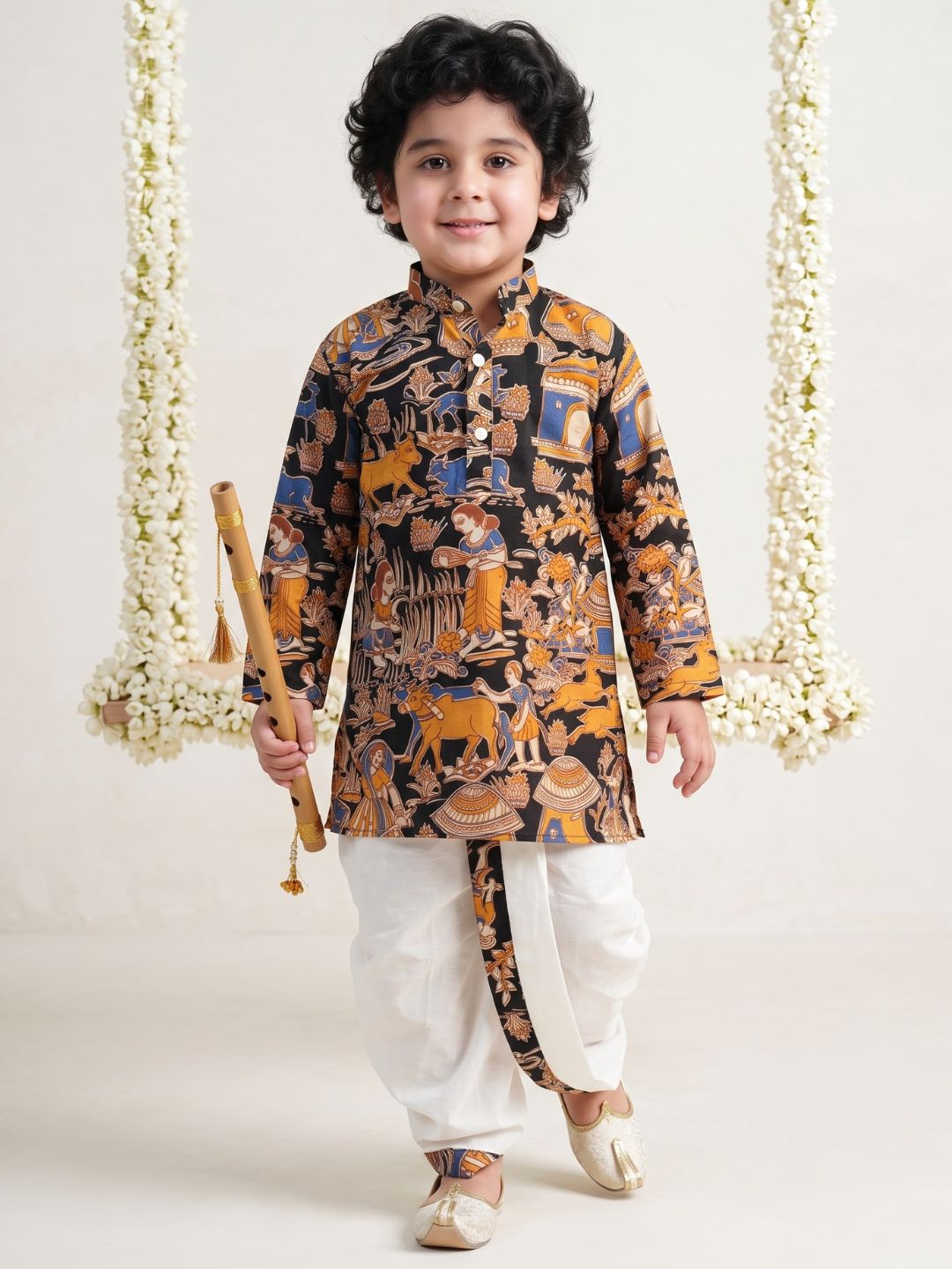 Boys Black Cotton Full Sleeves Abstract Printed Dhoti Set