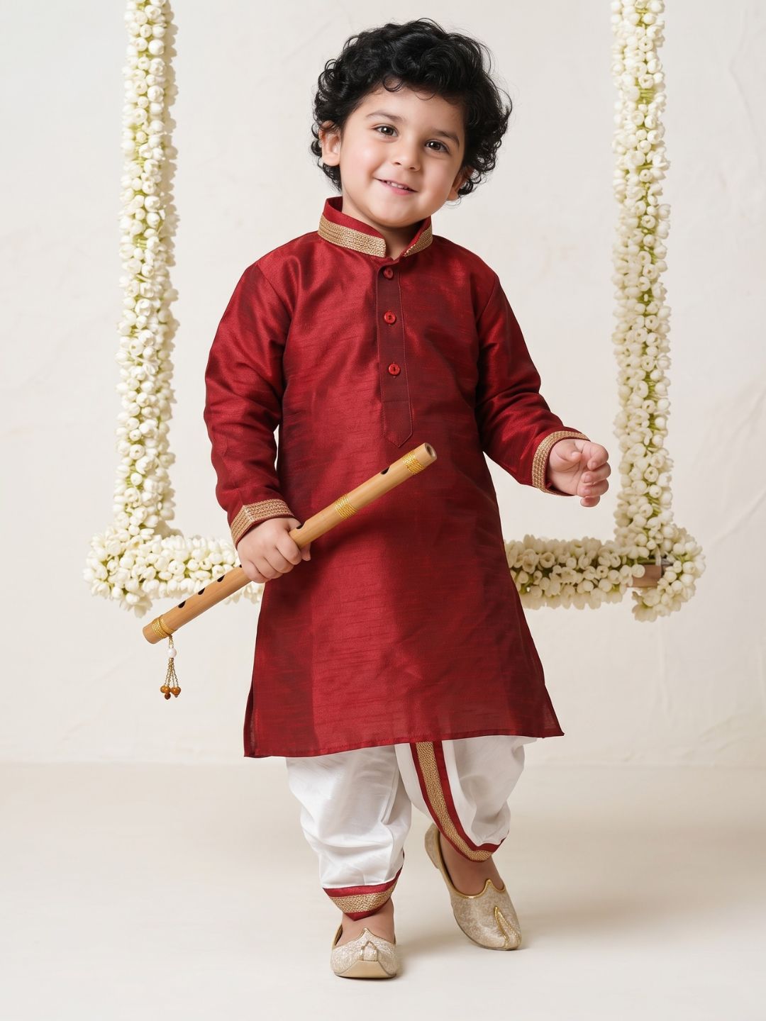 Kids Ethnic Wear Boys Maroon Silk Blend Dhoti Set