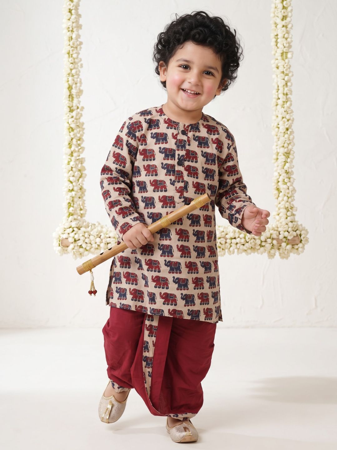 Kids Boys Maroon Animal Print Pure Cotton Dhoti Set
