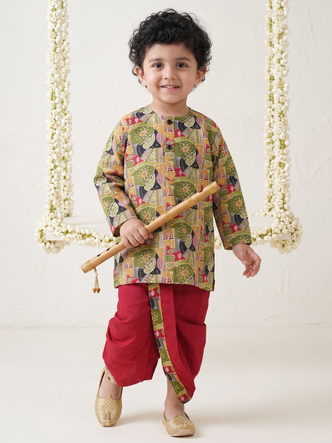 Kids Boys Red Abstract Print Cotton Dhoti Set