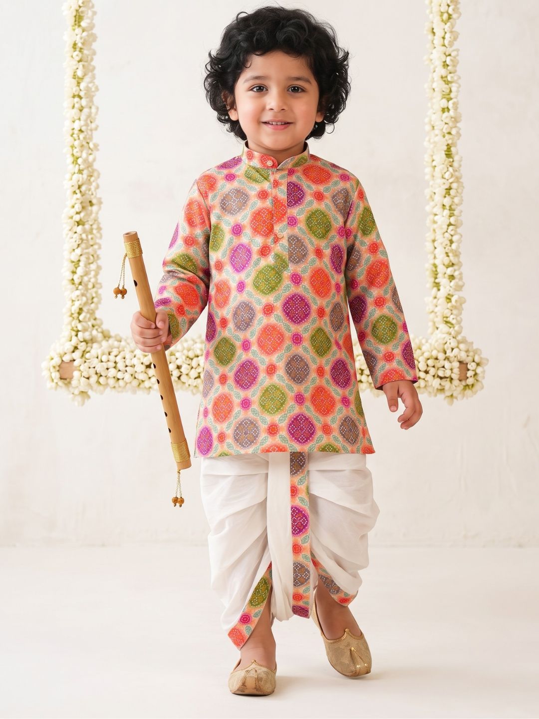 Multi Color Bandhani Print Pure Cotton Full Sleeve Kurta and Dhoti Set For Boys