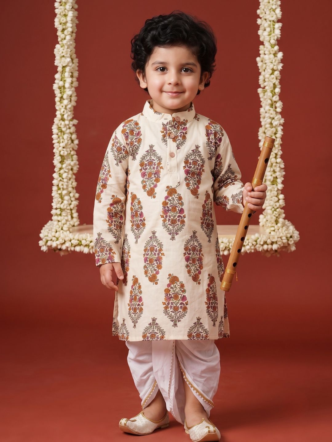 Boys Cream Off White Printed Pure Cotton Dhoti Set for Kids
