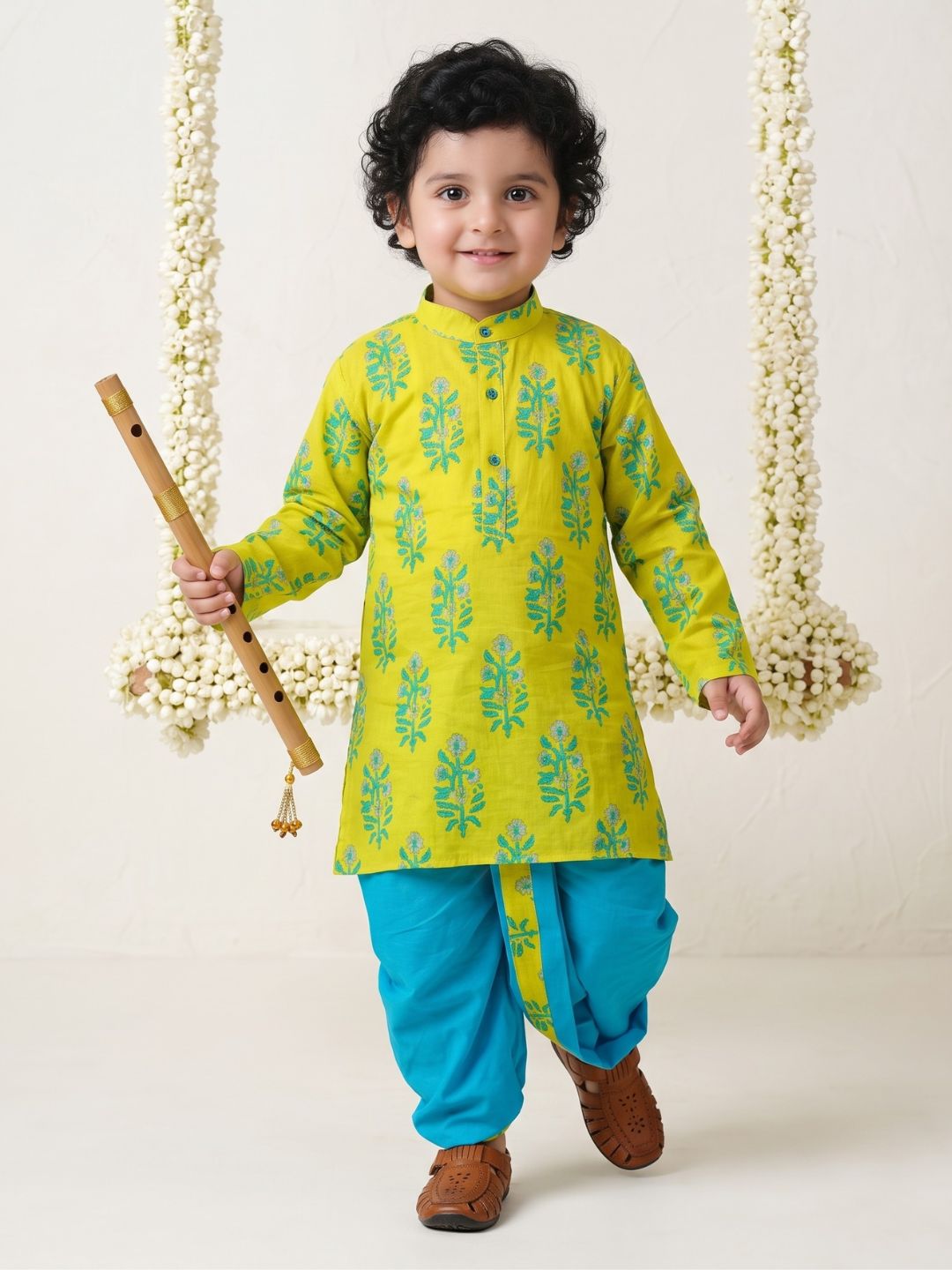 Green Cotton Full sleeves Floral Print Dhoti Kurta for Boys