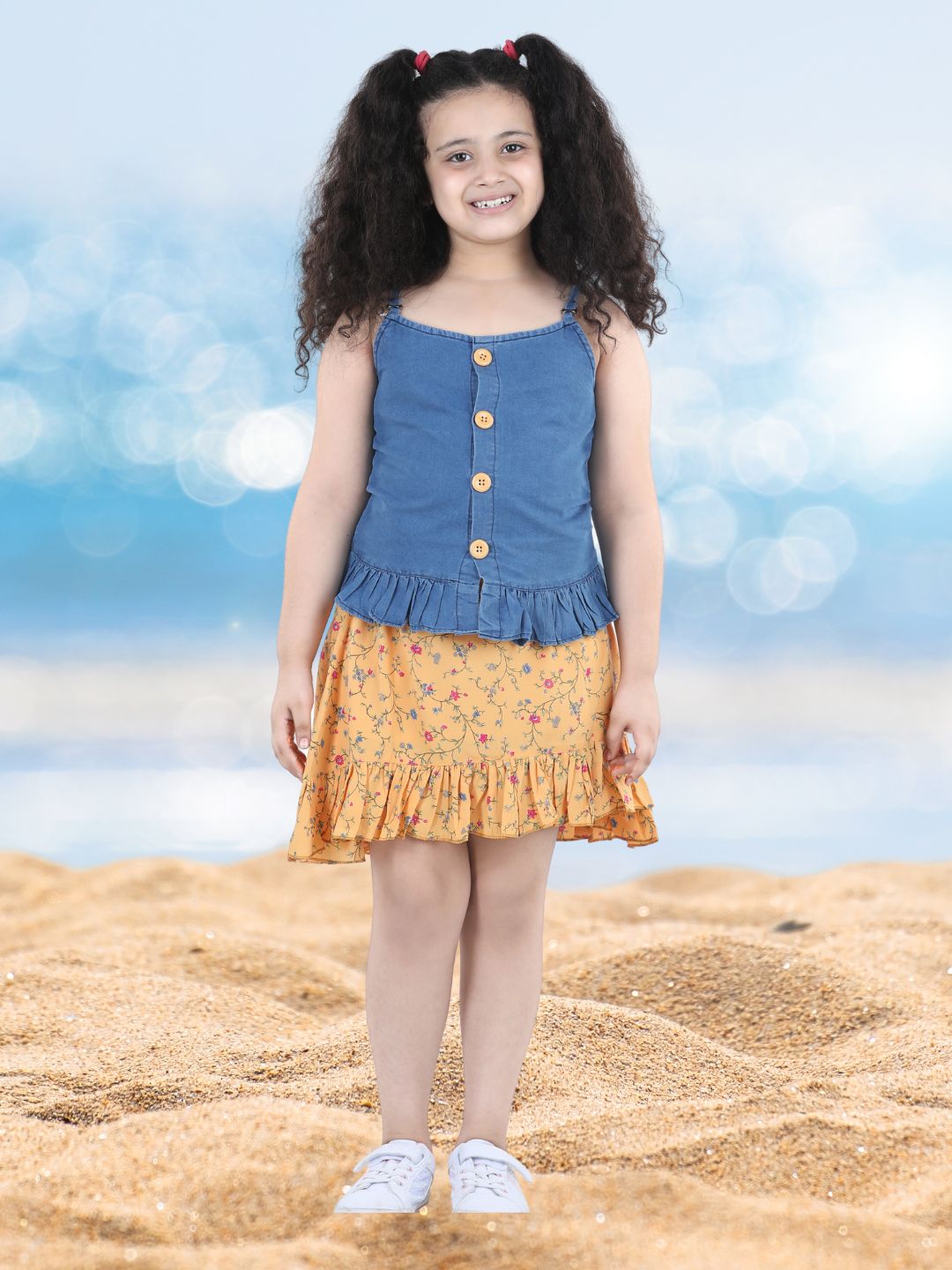 Girls Yellow Solid Denim Top & Bottom Set for Kids - AJ Dezines