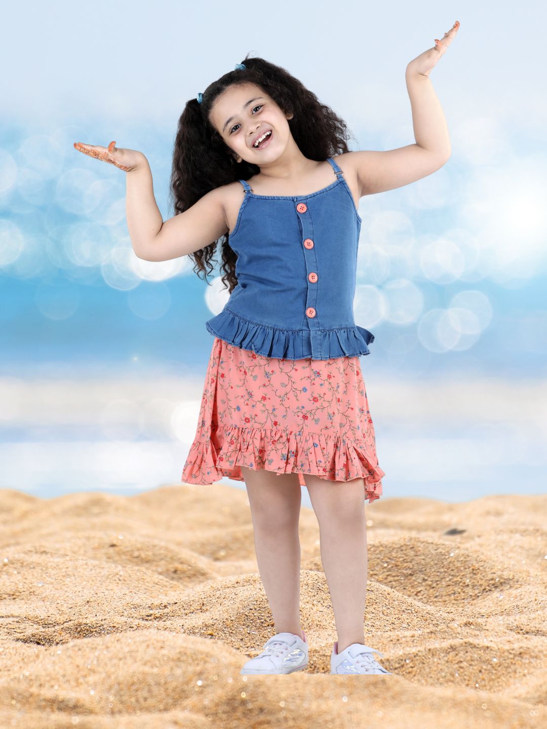 Girls Peach Solid Denim Top & Bottom Set for Kids - AJ Dezines