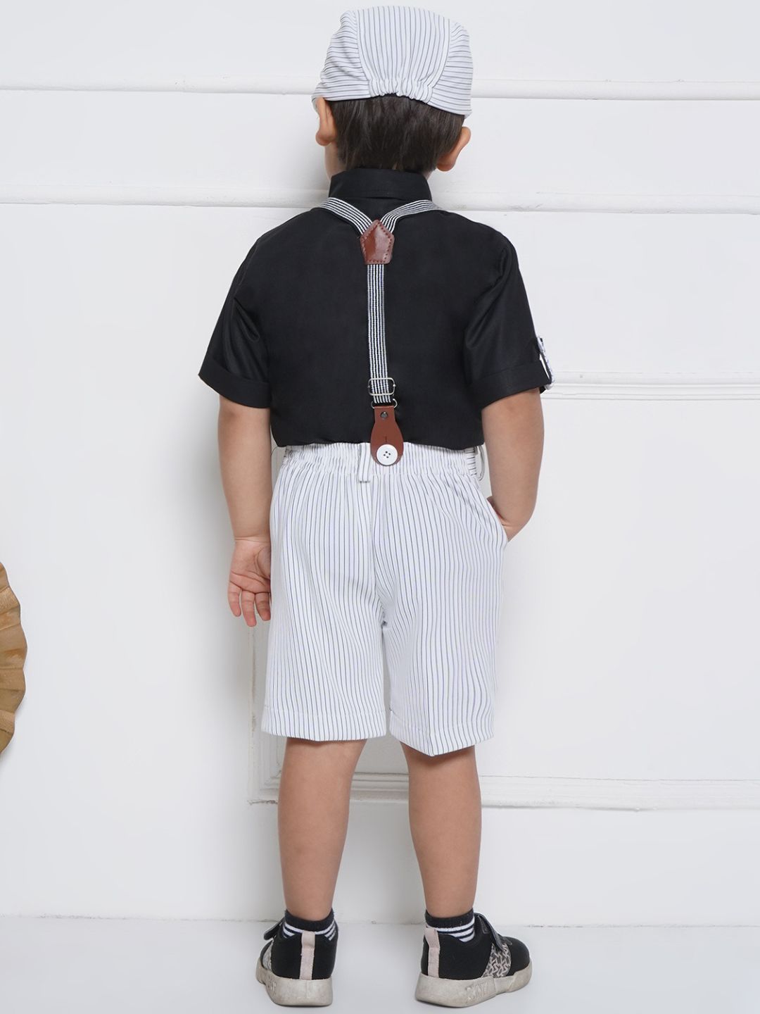 Boys Black Cotton Shirt & Shorts Set  with Suspenders, Bow Tie & Cap for Kids - AJ Dezines