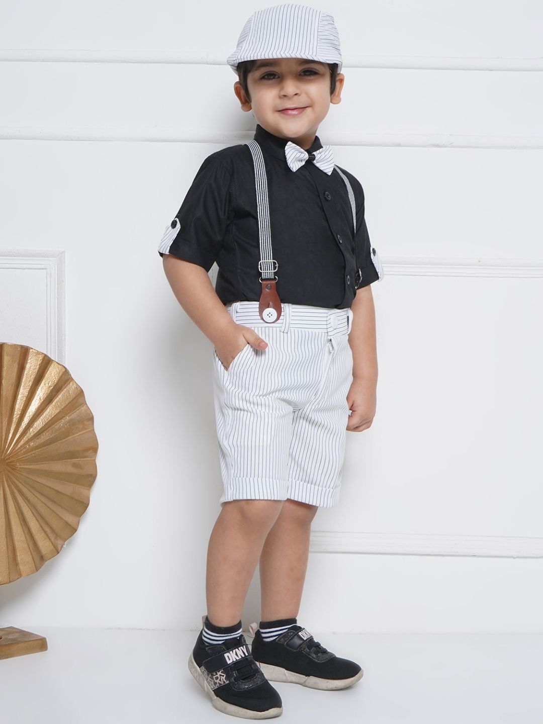 Boys Black Cotton Shirt & Shorts Set  with Suspenders, Bow Tie & Cap for Kids - AJ Dezines
