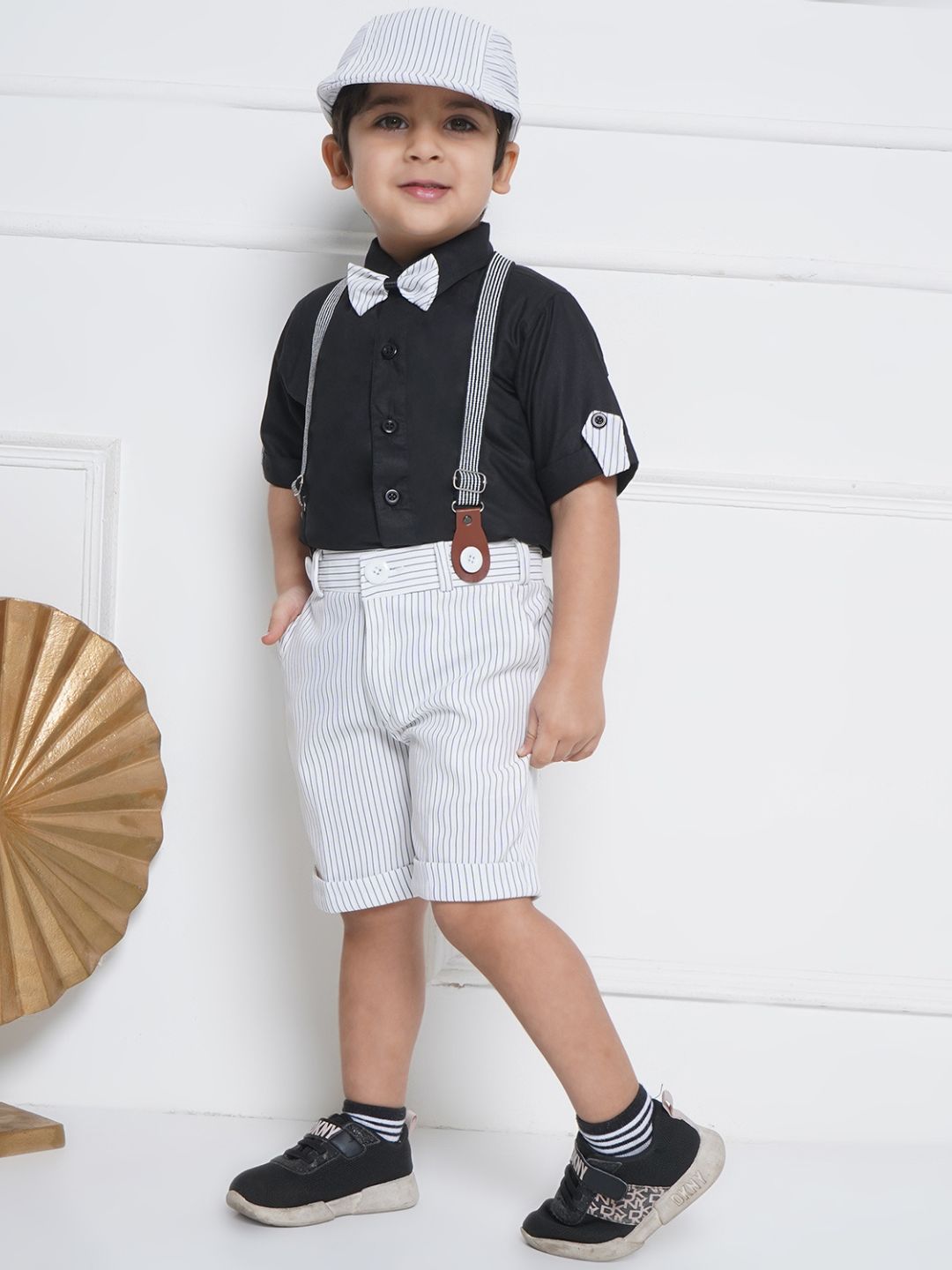 Boys Black Cotton Shirt & Shorts Set  with Suspenders, Bow Tie & Cap for Kids - AJ Dezines