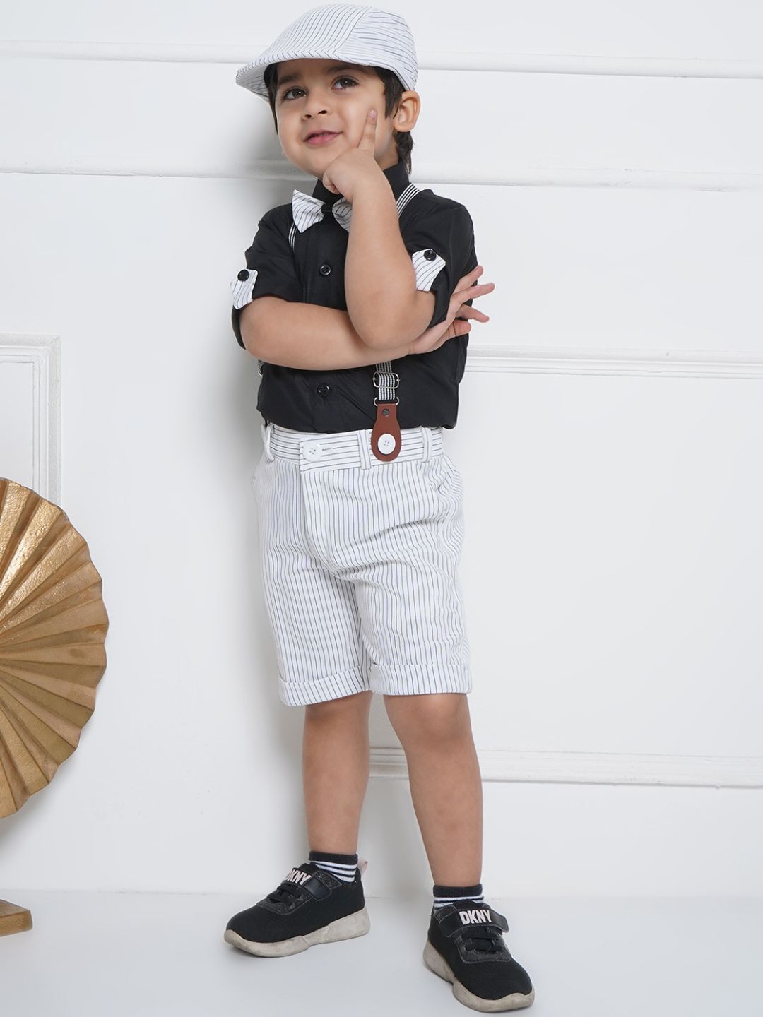Boys Black Cotton Shirt & Shorts Set  with Suspenders, Bow Tie & Cap for Kids - AJ Dezines